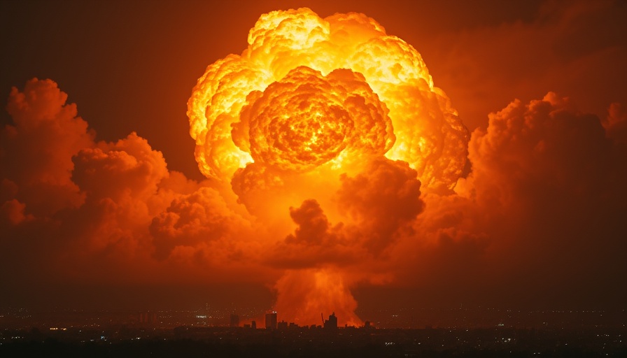 Fiery explosion over city at night during conflict, Iran warnings US attack.