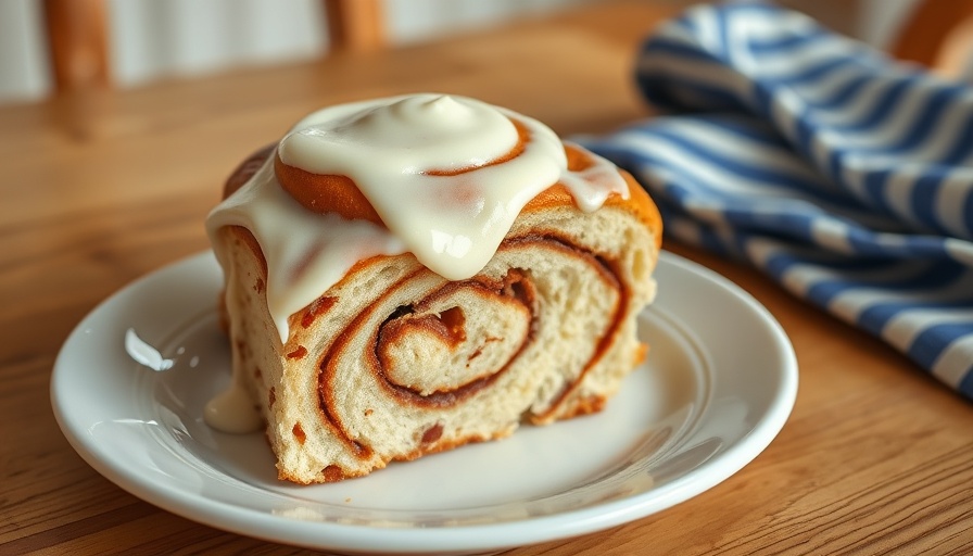 Cinnamon roll slice with icing on a plate.
