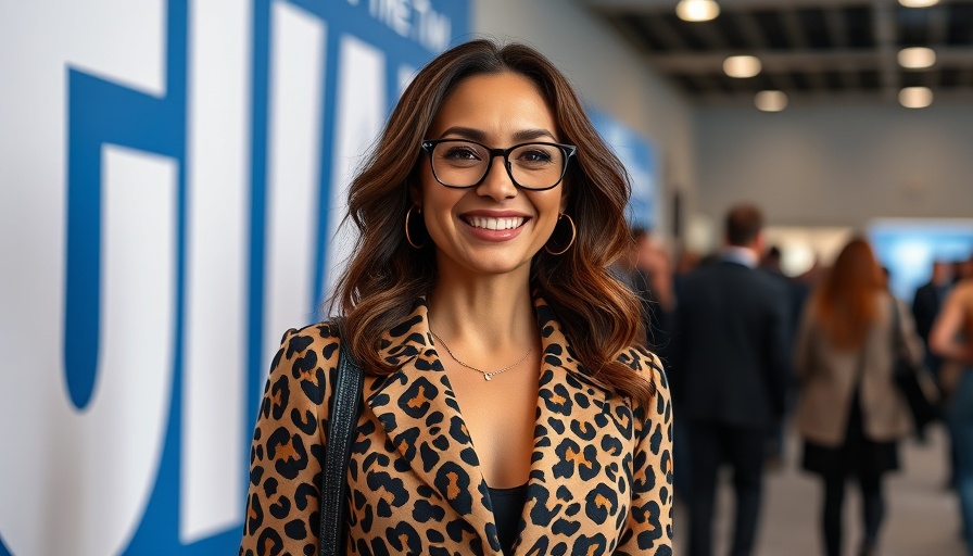 Stylish woman smiling at an indoor event in leopard print outfit.
