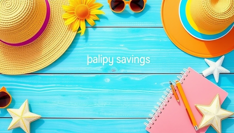 Playful summer savings strategies illustration with surfboard.