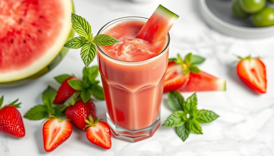 Healthy summer drinks with watermelon and strawberry smoothie garnished with mint.