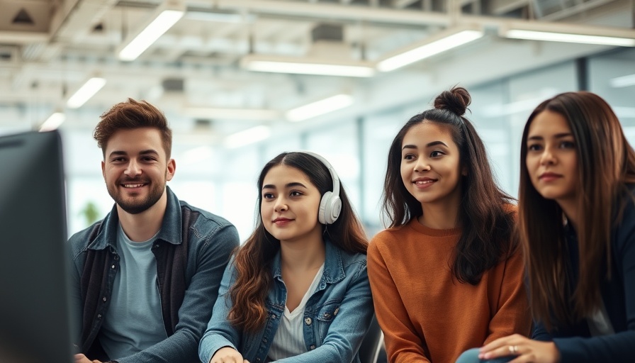 Young professionals in office setting, engaging with content.