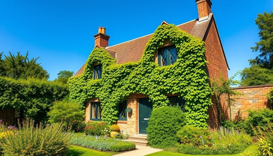 Charming stone cottage covered in ivy under blue sky.