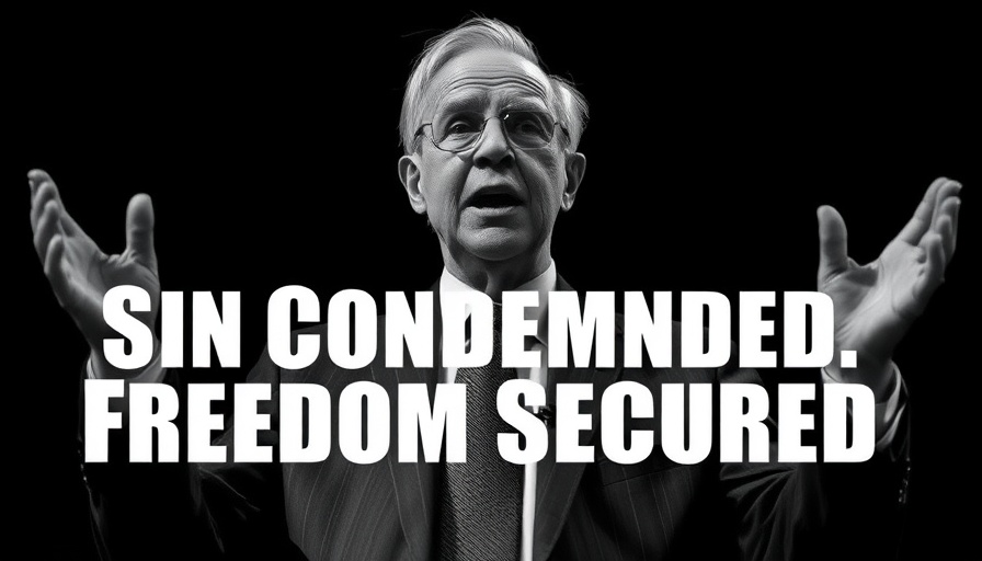 Elderly man passionately speaking, 'Sin Condemned Freedom Secured' text.