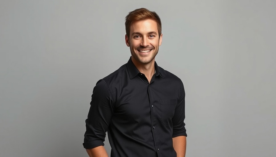 Smiling man in dark shirt, Mortgage Search Surge theme.