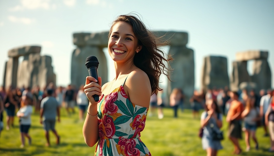 Summer Solstice Celebration at Stonehenge with a smiling woman holding a microphone.