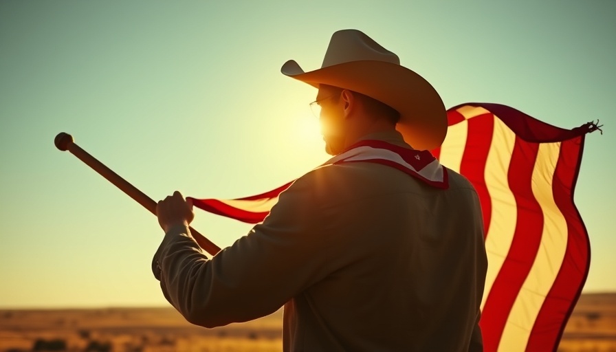 America leading with cowboys and flags in dramatic outdoor setting.