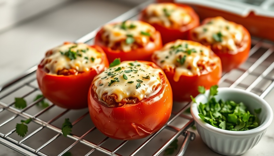 Stuffed baked tomatoes with herbs in a casserole dish, vibrant and inviting.