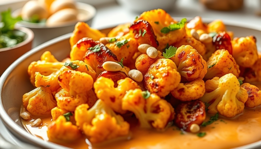 Harissa roasted cauliflower with pine nuts and herbs on creamy sauce.