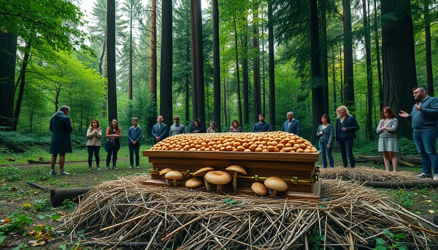 Mushroom casket burial in serene forest setting with gathered people.