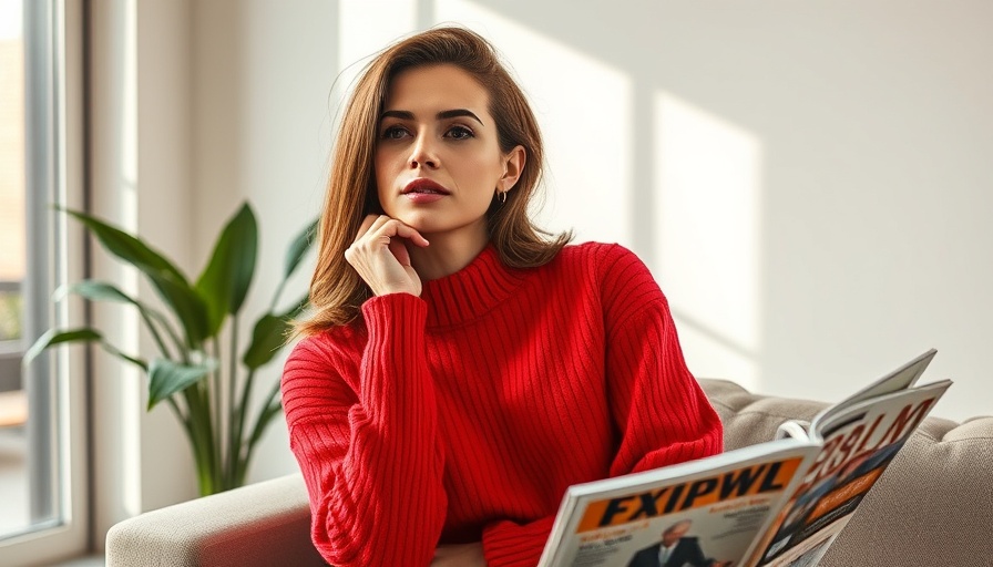 Stylish woman posing in red sweater for magazine cover