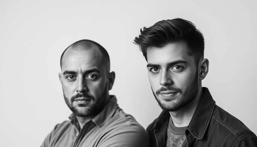 Black-and-white portrait of two men with expressive gaze.