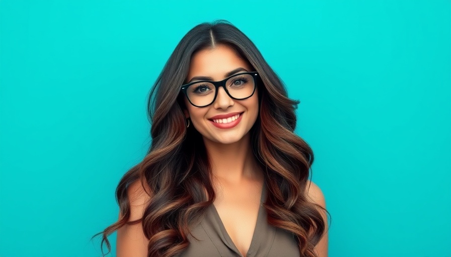 Confident woman smiling at vibrant backdrop.