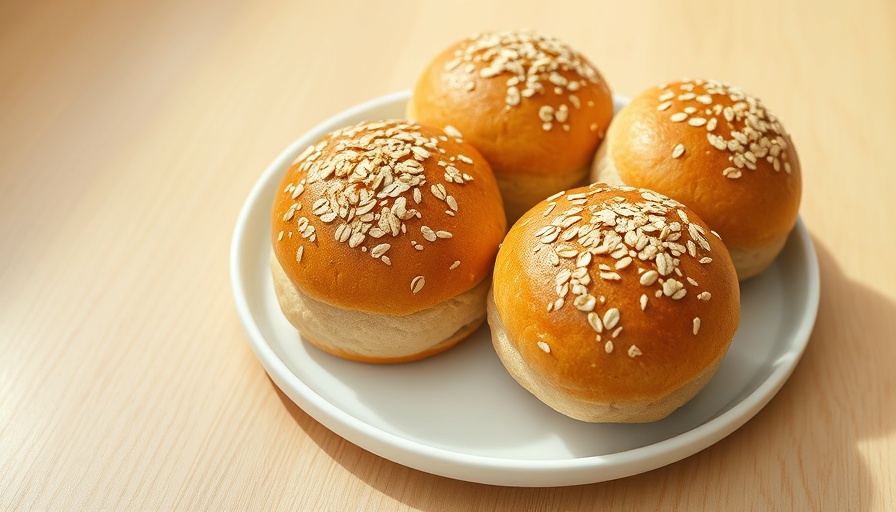 Golden oatmeal burger buns topped with oats on a white plate.