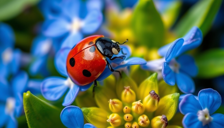 Ladybird on blue flowers attracting ladybirds, vivid nature scene