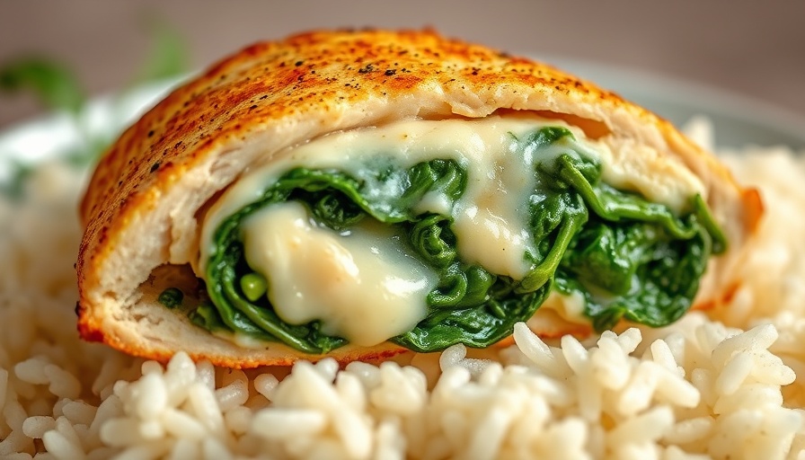 Stuffed chicken breast with spinach and cheese on rice for healthy casserole recipes.