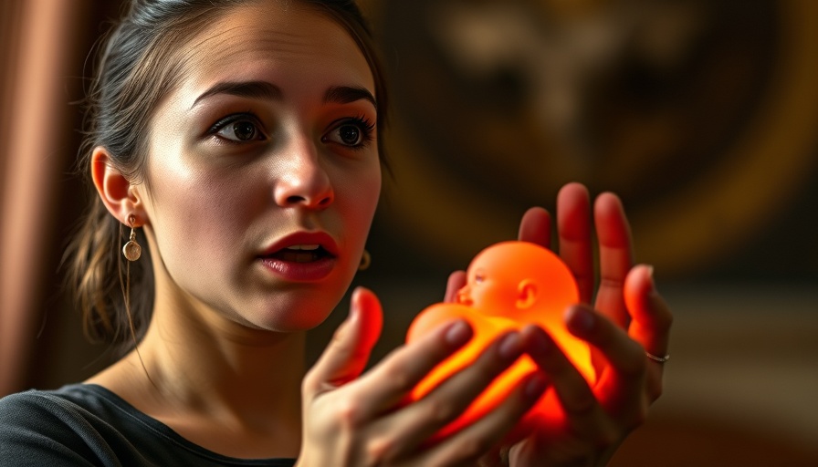 Pro-life advocacy image post-Roe, woman speaking with fetus symbol.