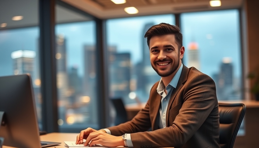 Professional male in office with city view, online estate agency theme