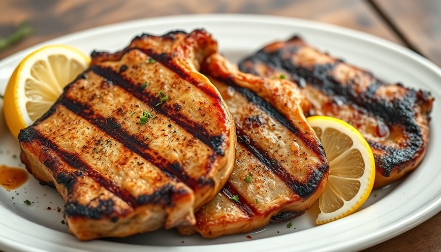 Juicy Greek pork chops with lemon and herbs on a plate.