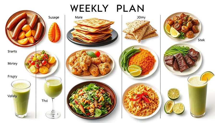 Colorful weekly meal plan with delicious dishes and avocado smoothie.