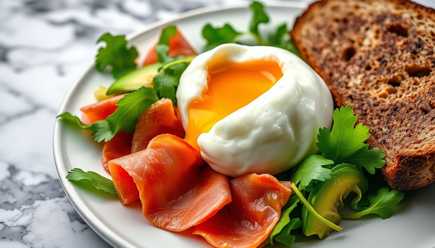 Quick breakfast ideas: poached egg with vegetables and rye bread.