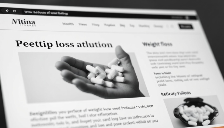 Weight loss article on screen with pills illustration.