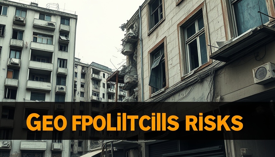 Damaged building with geopolitical risk warning.