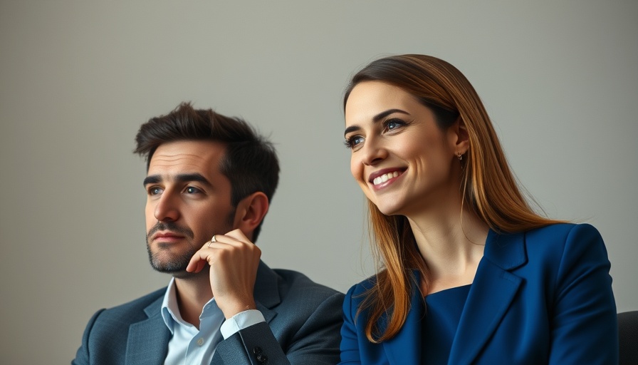 Thoughtful man discussing controversy with smiling professional woman.