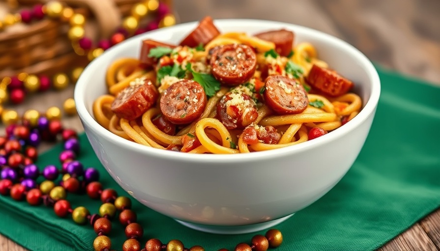 Light gluten-free Cajun pasta with sausage and vegetables in a white bowl, vibrant setting.