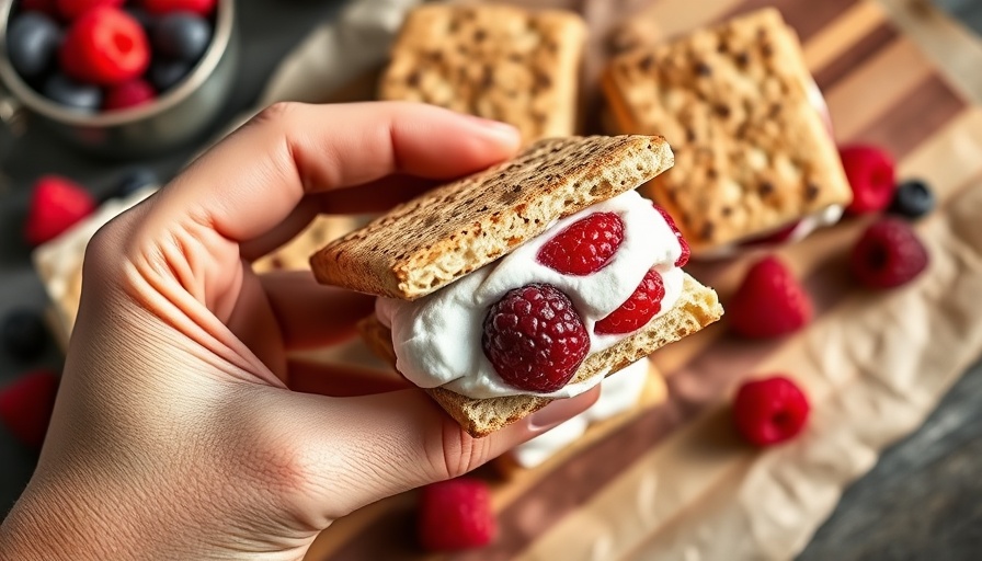 Frozen Protein S'mores with berries on a wooden board.