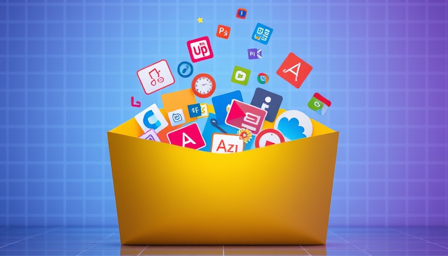 Colorful office app icons from open yellow folder, vibrant digital display.