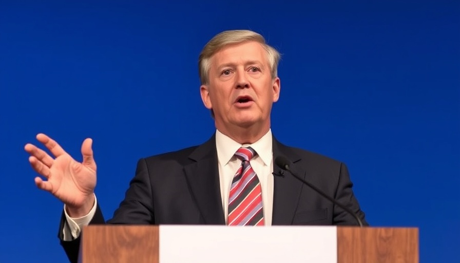 Man in suit giving a speech at a podium with microphones.