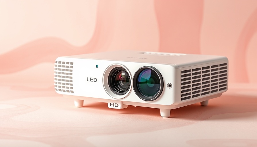 Sleek white Aldi HD LED projector on abstract pink background.
