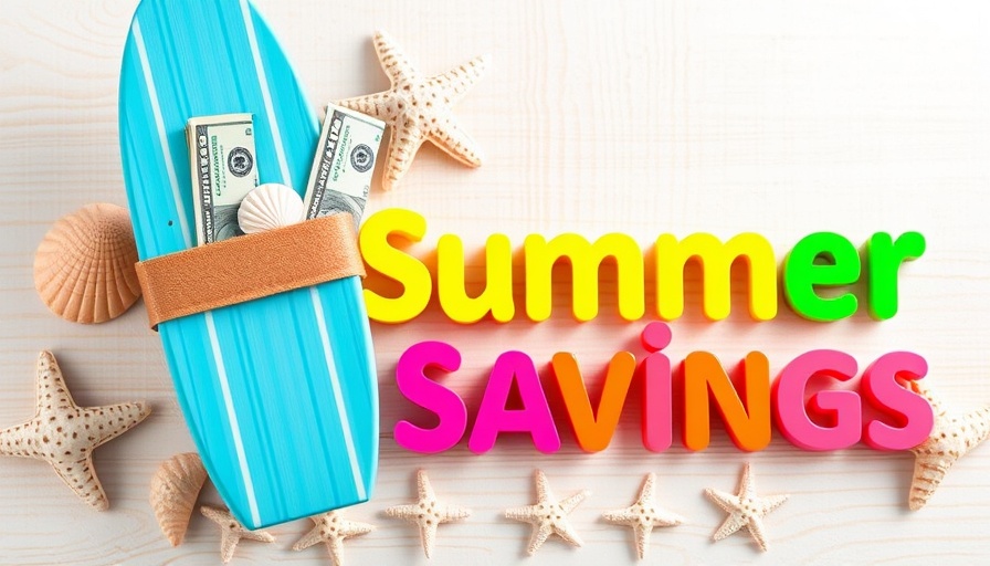 Colorful summer savings tips theme with cash and surfboard.