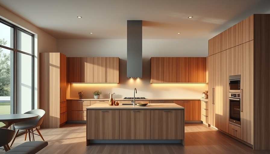 Modern kitchen featuring warming wood and layered lighting.