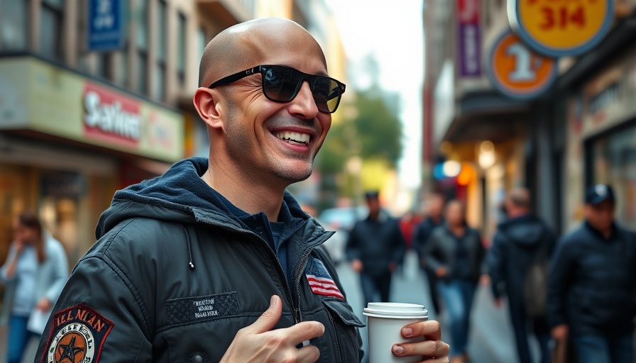Urban portrait of a bald person in a lively city street.