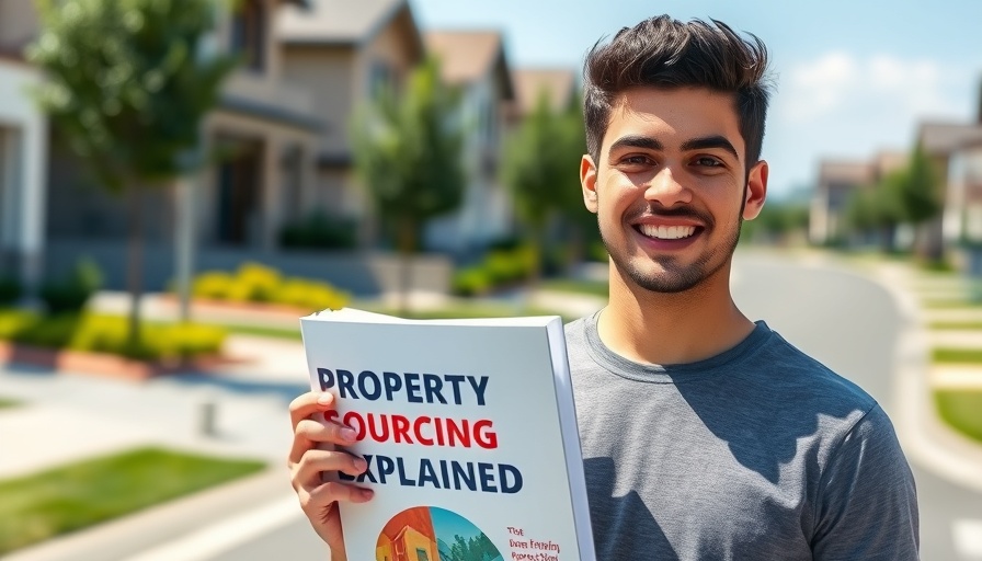 Property sourcing company concept with smiling man and book.