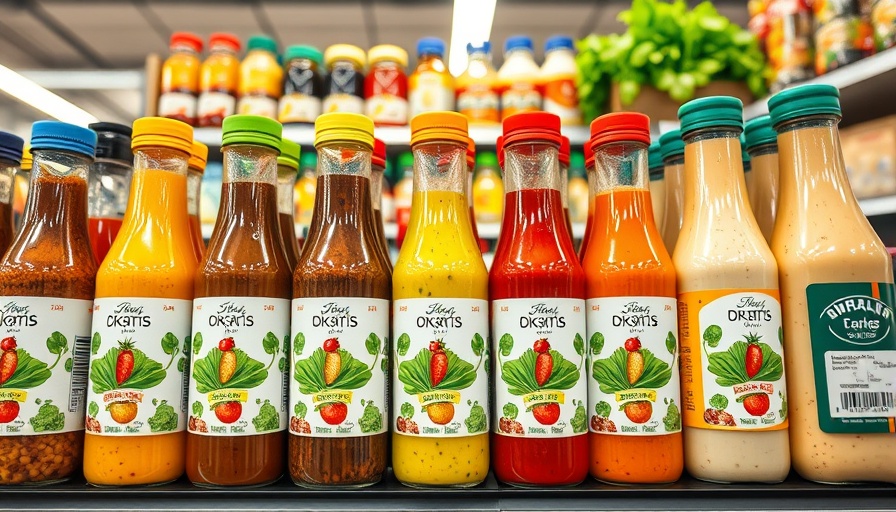 Variety of salad dressing bottles on supermarket shelves, focusing on health risks.