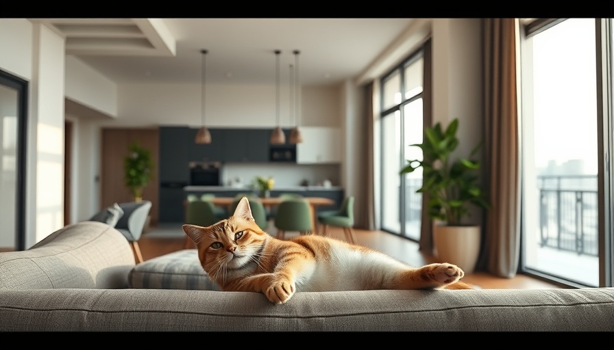A relaxed cat lounging on a sofa in a modern apartment, symbolizing renters' rights.