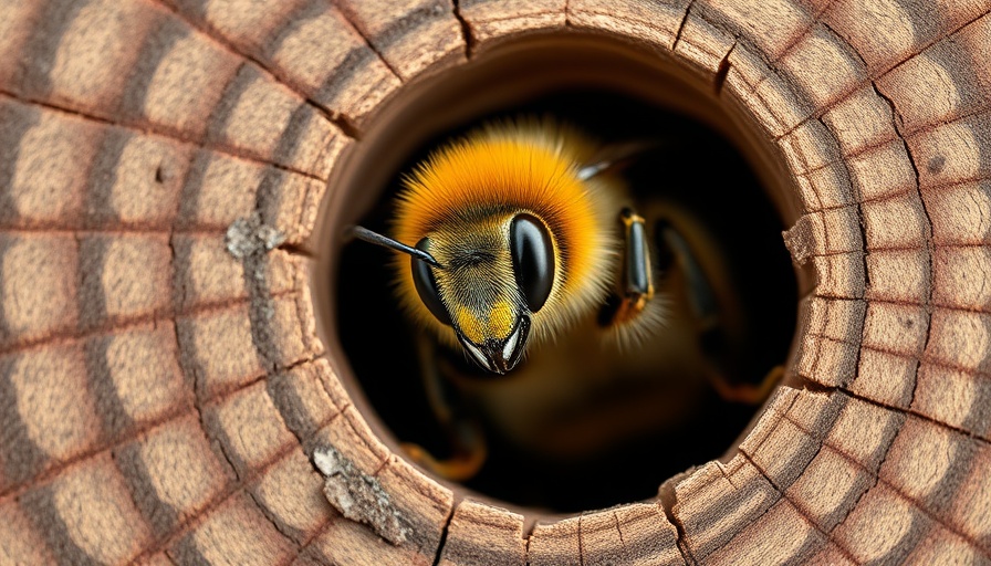 Close-up of bee in wooden bee hotel, showcasing intricate details.