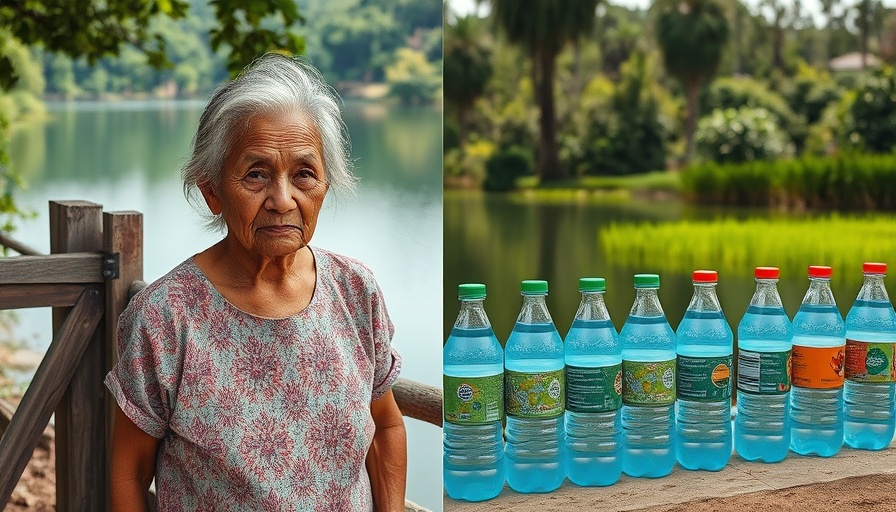 Collage highlighting the Mexico water crisis with lake, woman, and soda bottles.