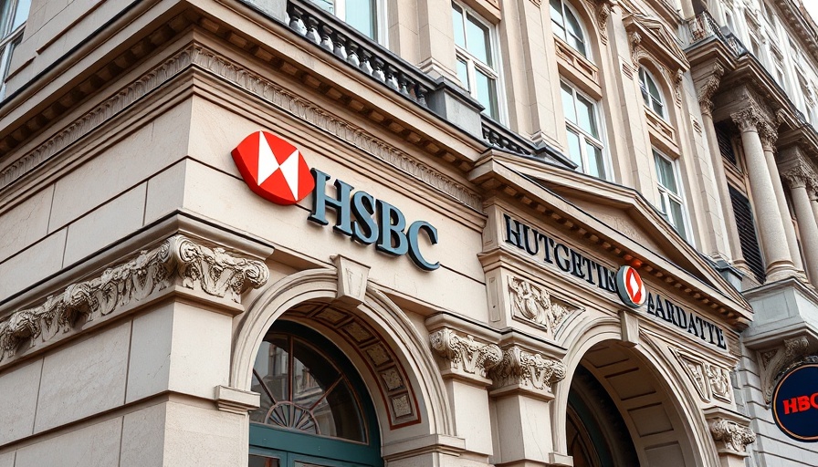 Historic bank facade with HSBC signage, urban environment, architectural detail.
