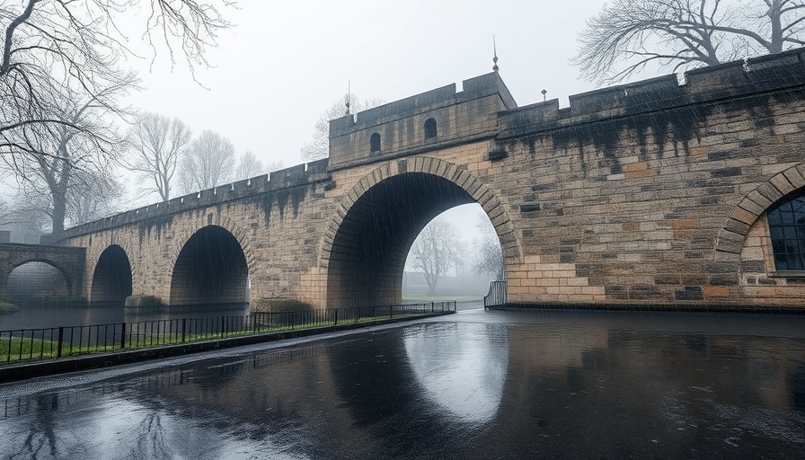 Kirkcudbright Bridge in rain, featuring historic arches and wet surface.