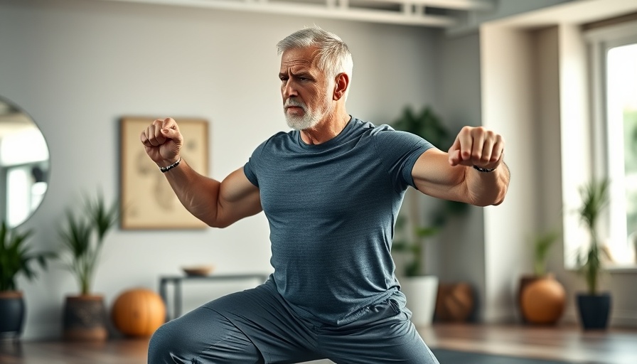 Fit man demonstrating strength moves to feel younger in home gym.