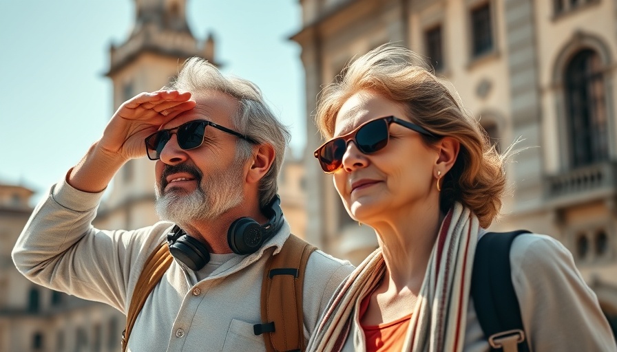 Middle-aged couple affected by heat wave amid historic European landmark.