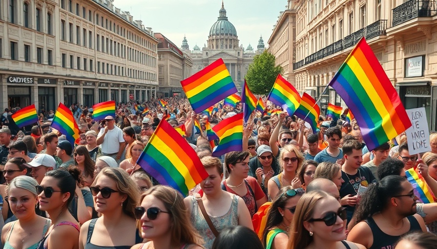 Crowd at Budapest Pride rally against Viktor Orbán, colorful flags.