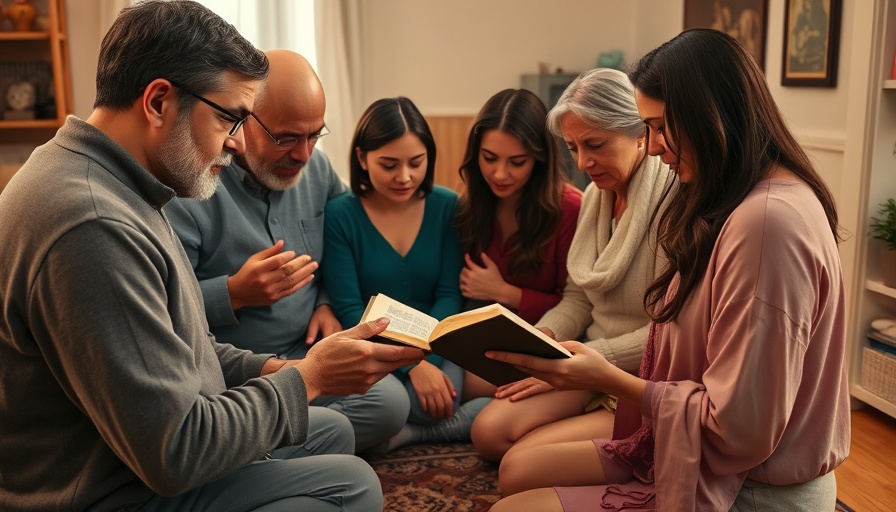 Prayer meeting, discussing religious text, cozy setting.