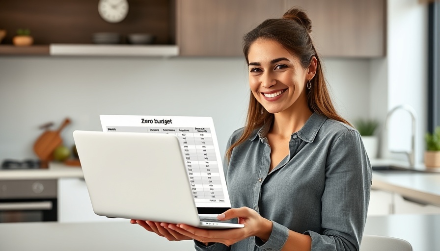 Woman demonstrating July zero-based budget on a laptop in a kitchen.