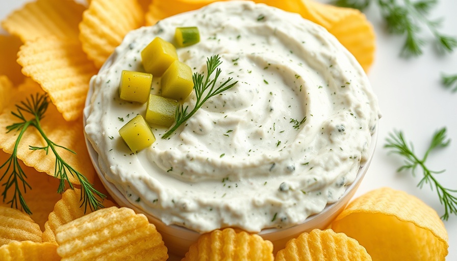 Creamy dill pickle dip garnished with chopped dill and chips.
