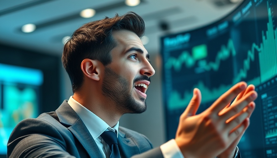 Business professional discussing economic trends with a graph in the background.